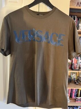 Versace Olive Green Tee with Blue Logo Print